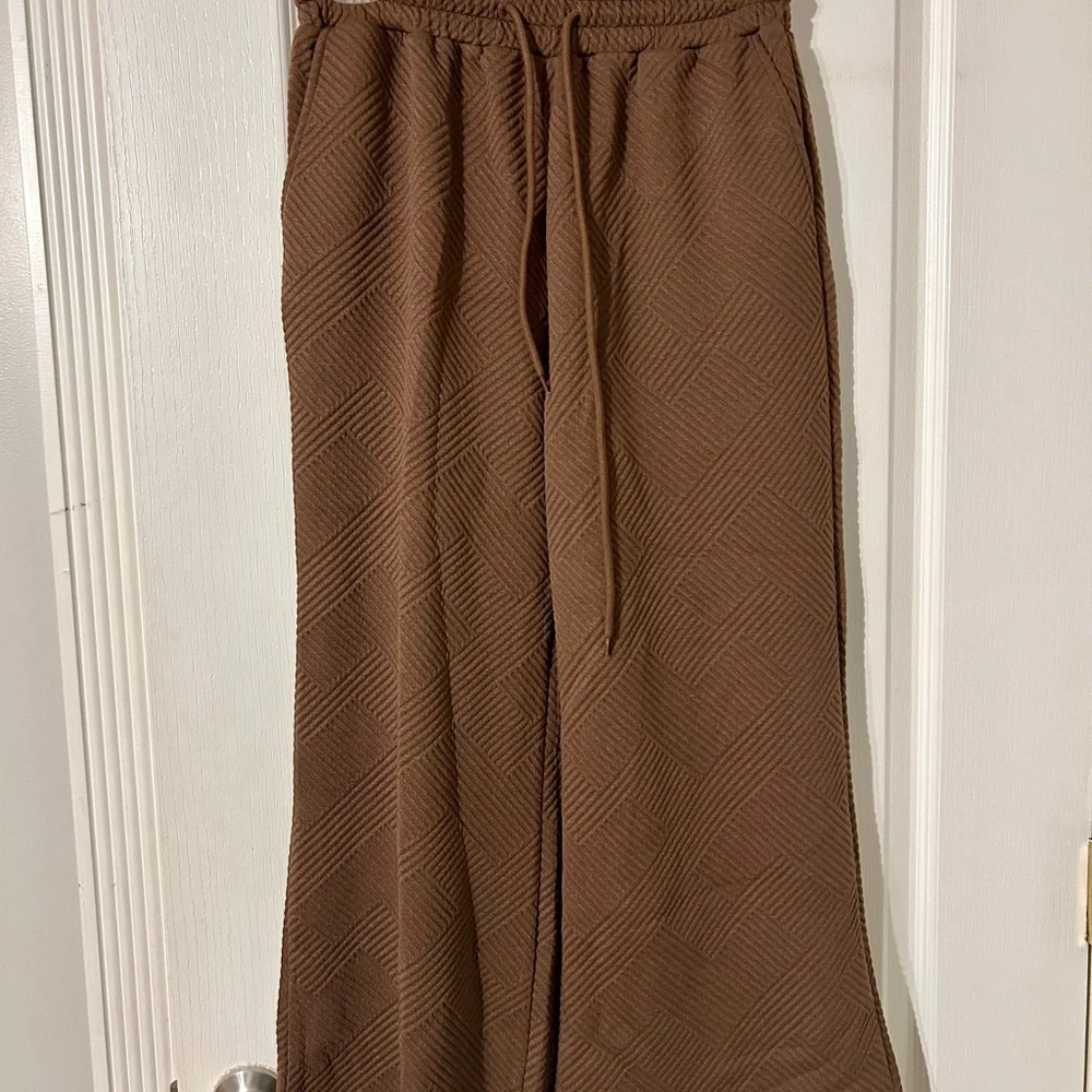Brown Wide Leg Pants Small Textured Comfy Lounge Elastic Waist Drawstring - Picture 3 of 5